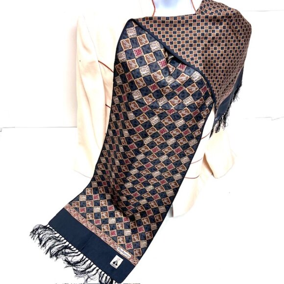 2 Ways Burberrys 100% Silk Satin Scarf 60"x13" Brown black Check Art Fring (1 - Picture 3 of 16